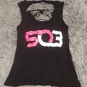 Trendy Black Muscle Tee with Pink and White Design
